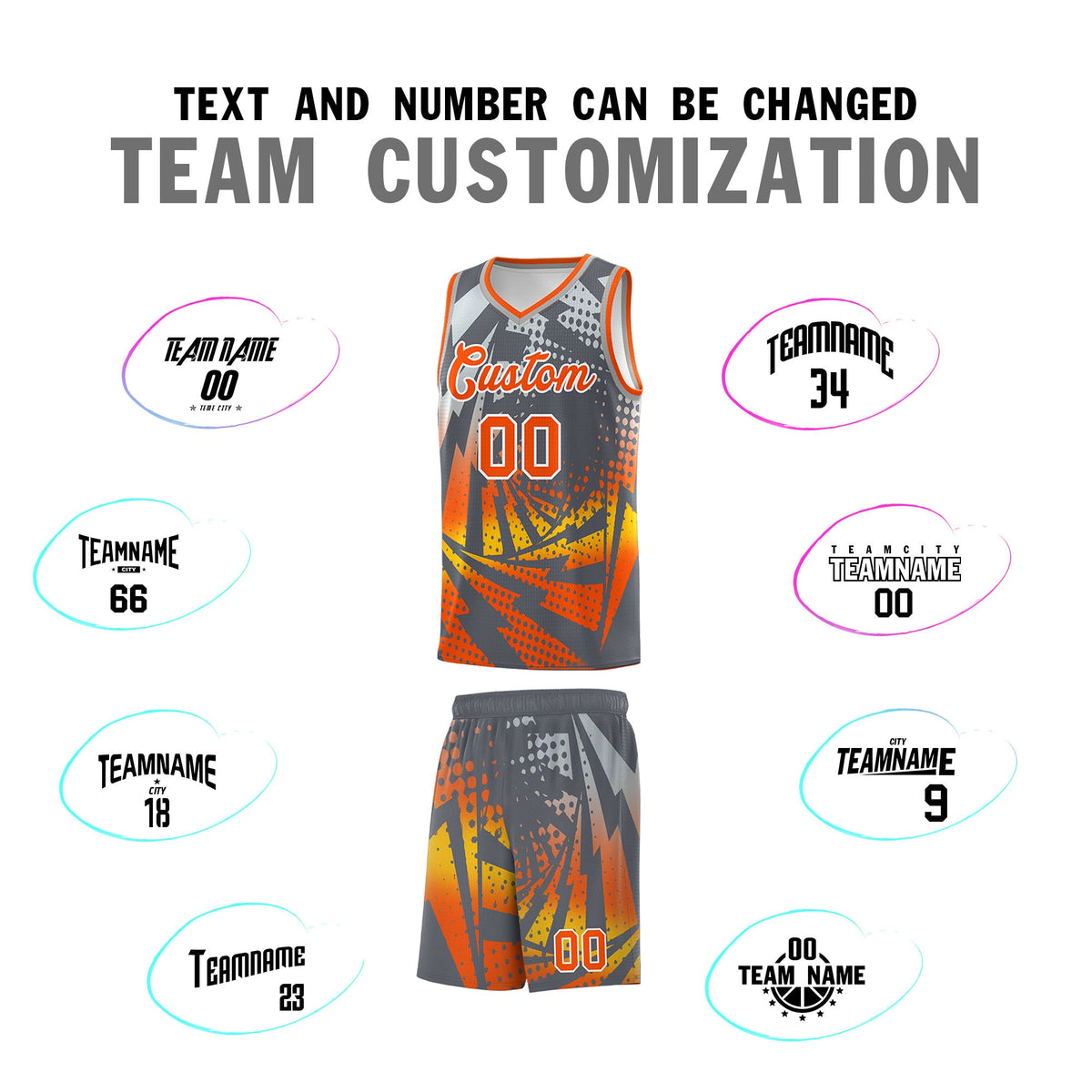 Custom Youth Basketball Jerseys Dark Gray Orange Lightning Design Halftone Personalized Uniforms