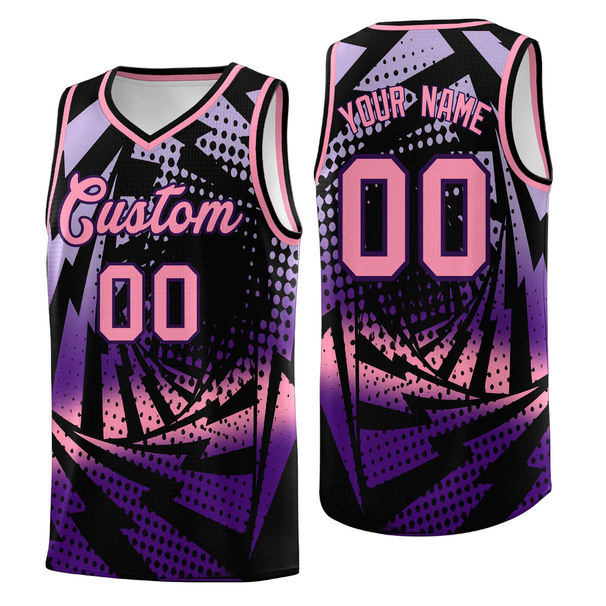 Custom Youth Basketball Jerseys Black Purple Lightning Halftone Personalized Team Uniforms