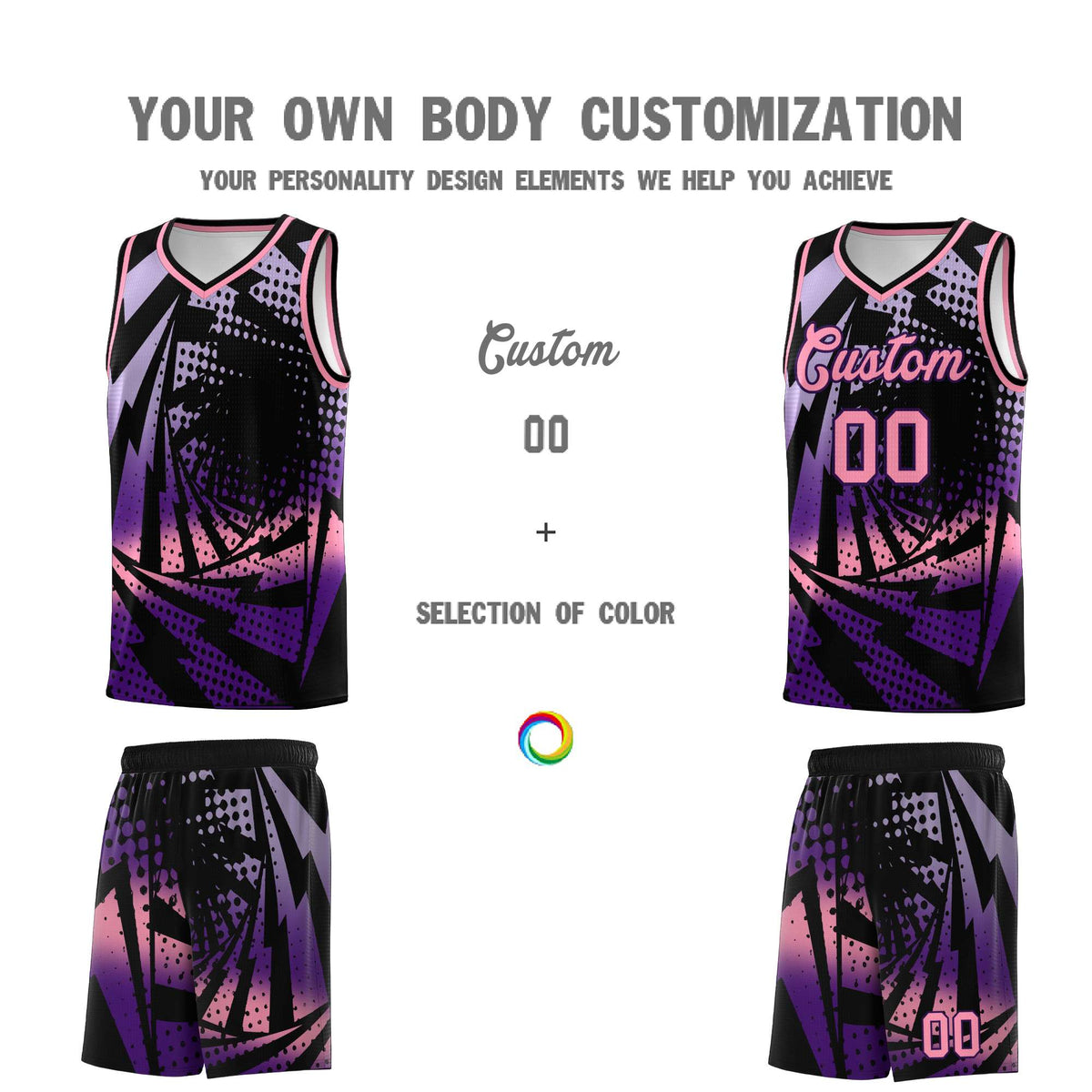 Custom Youth Basketball Jerseys Black Purple Lightning Halftone Personalized Team Uniforms