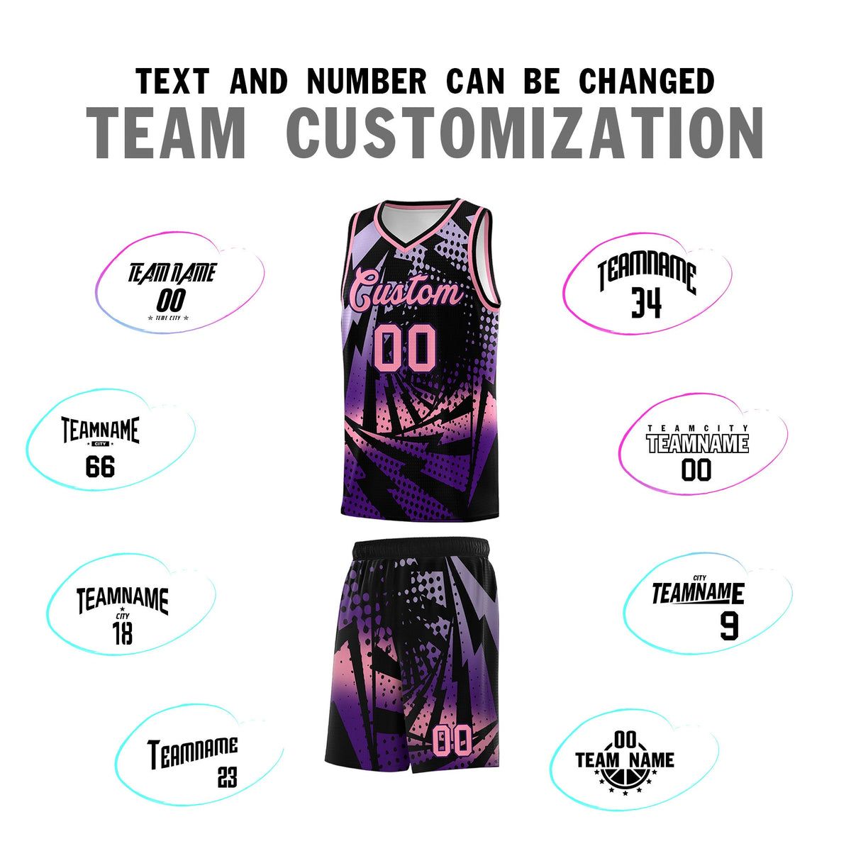 Custom Youth Basketball Jerseys Black Purple Lightning Halftone Personalized Team Uniforms