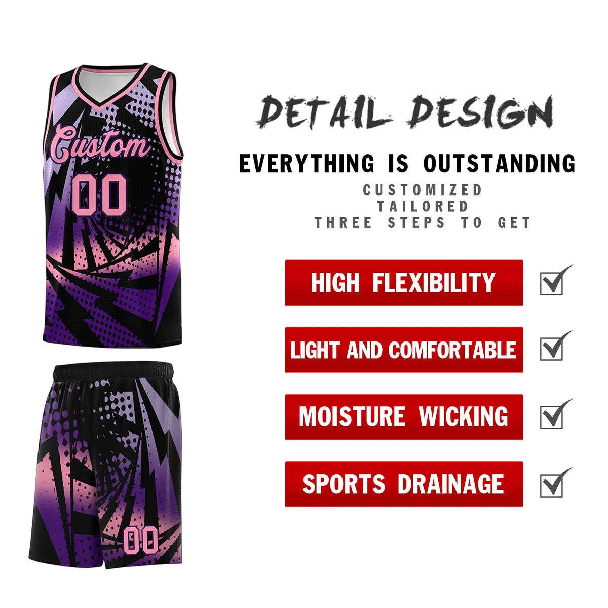 Custom Youth Basketball Jerseys Black Purple Lightning Halftone Personalized Team Uniforms