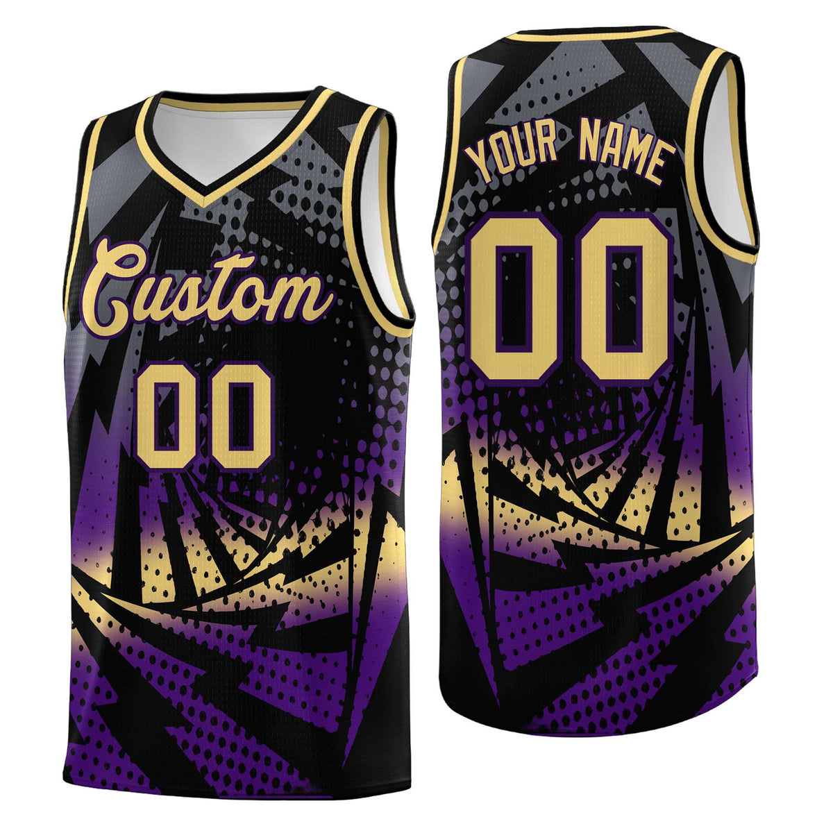 Custom Youth Basketball Jerseys Black Purple Lightning Design Halftone Personalized Uniforms