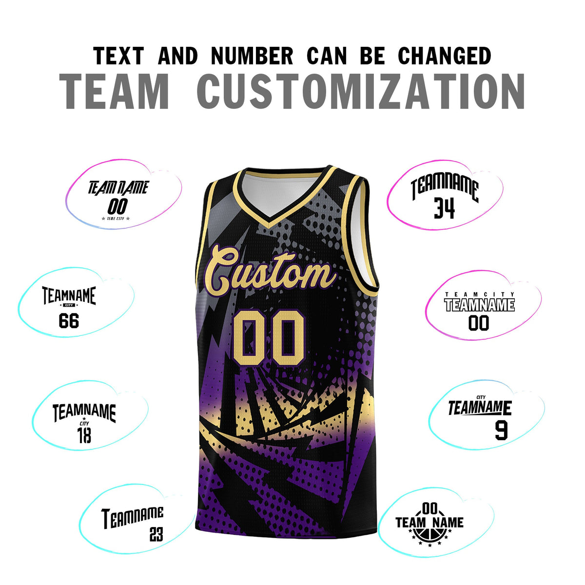 Custom Youth Basketball Jerseys Black Purple Lightning Design Halftone Personalized Uniforms