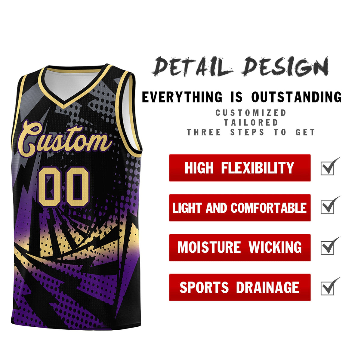 Custom Youth Basketball Jerseys Black Purple Lightning Design Halftone Personalized Uniforms