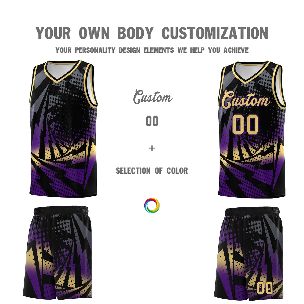 Custom Youth Basketball Jerseys Black Purple Lightning Design Halftone Personalized Uniforms