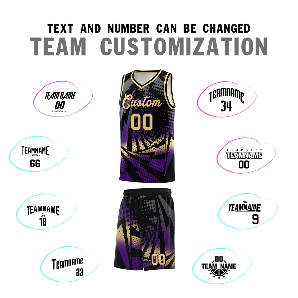 Custom Youth Basketball Jerseys Black Purple Lightning Design Halftone Personalized Uniforms