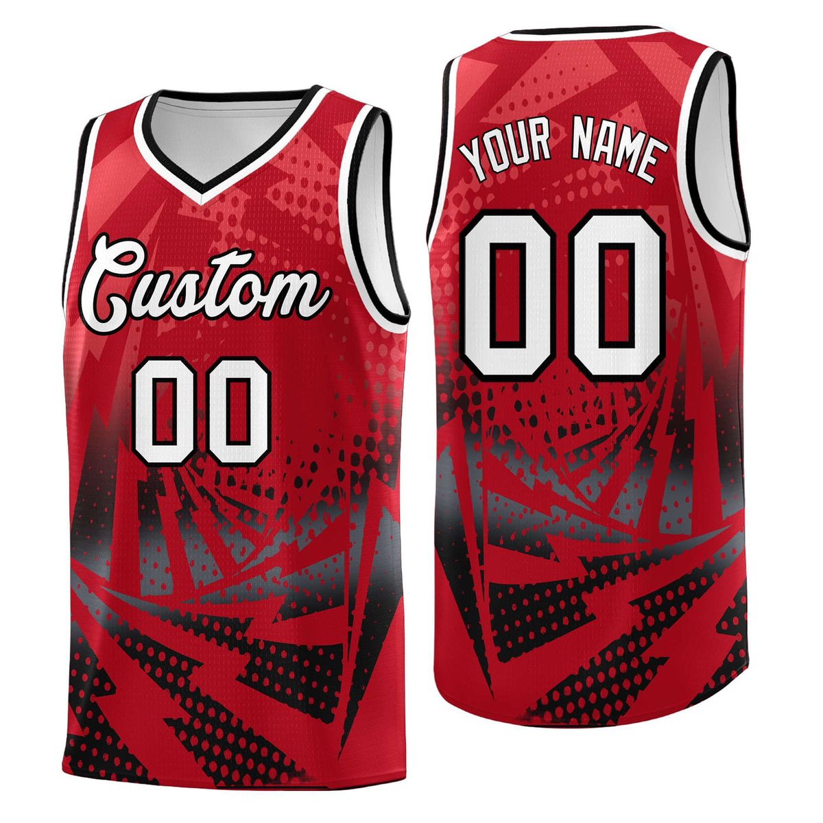Custom Youth Basketball Jerseys Red Black Lightning Halftone Personalized Team Uniforms