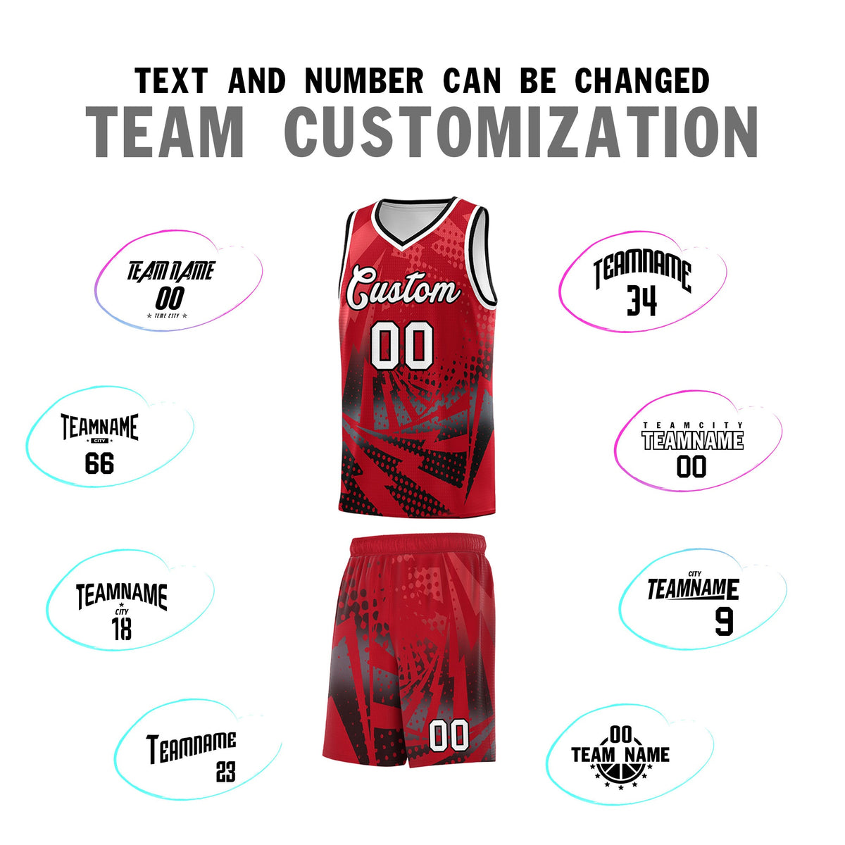 Custom Youth Basketball Jerseys Red Black Lightning Halftone Personalized Team Uniforms