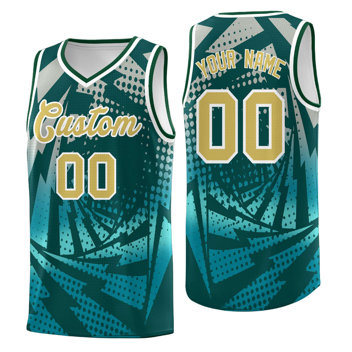 Custom Youth Basketball Jerseys Midnight Green Teal Lightning Halftone Personalized Team Uniforms