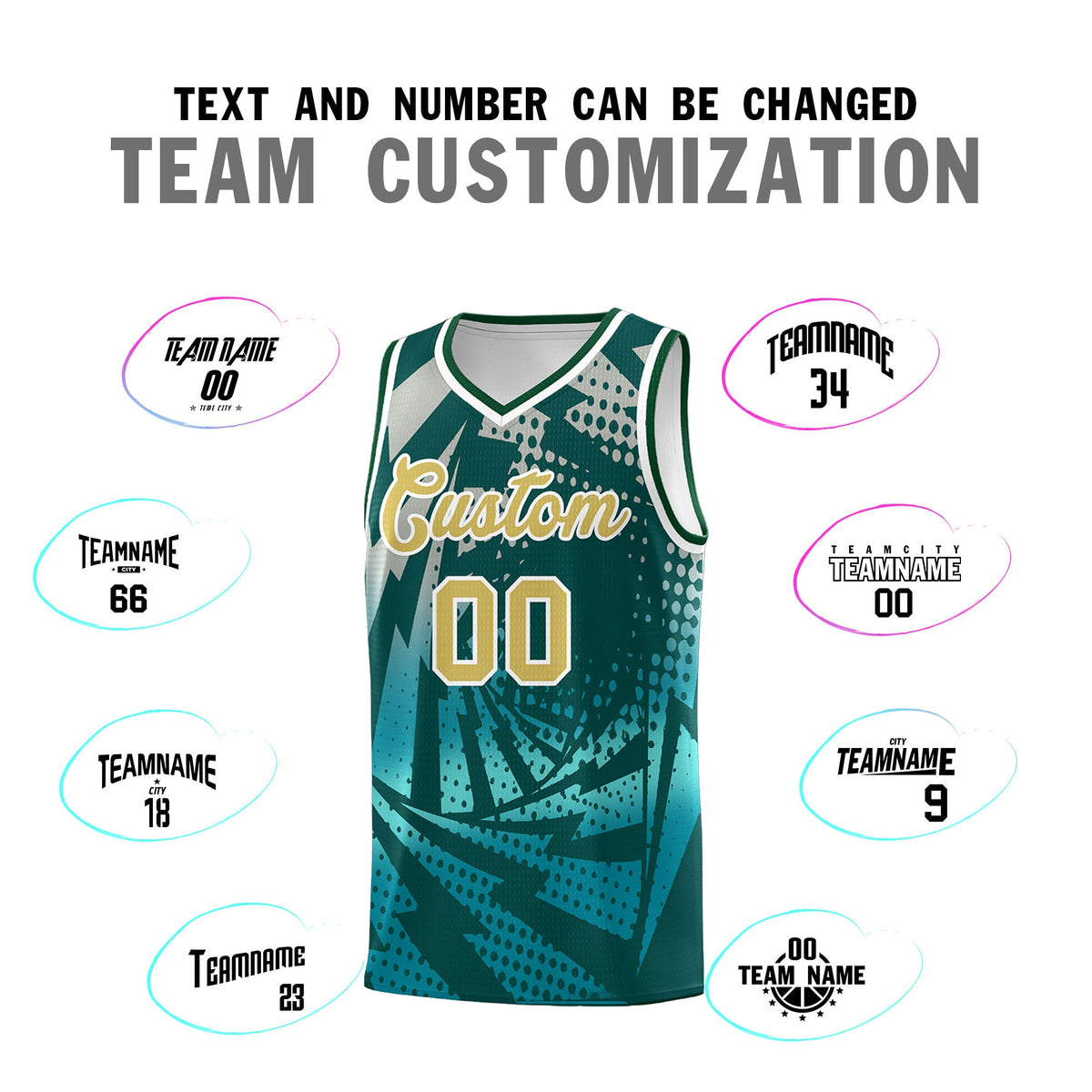 Custom Youth Basketball Jerseys Midnight Green Teal Lightning Halftone Personalized Team Uniforms