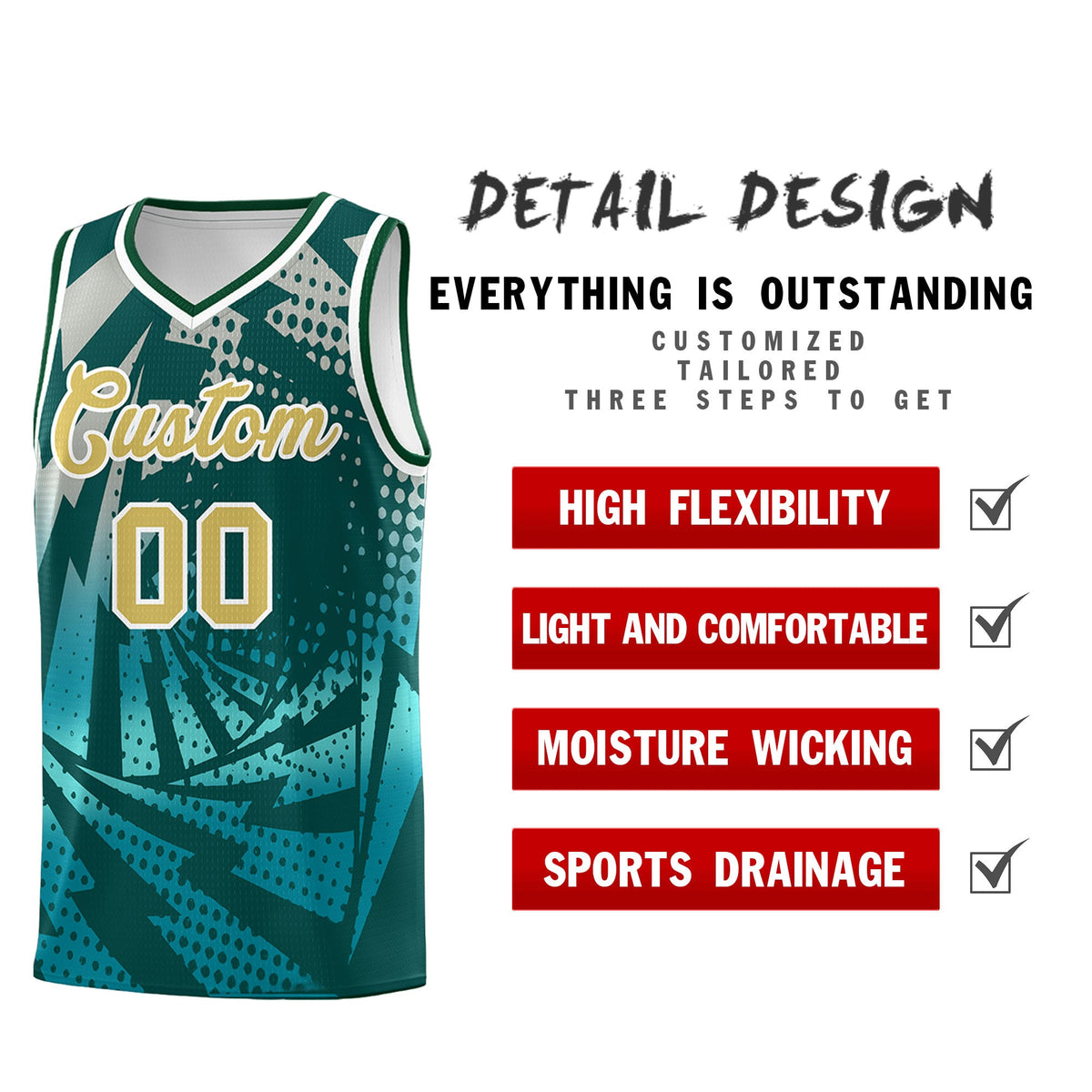 Custom Youth Basketball Jerseys Midnight Green Teal Lightning Halftone Personalized Team Uniforms