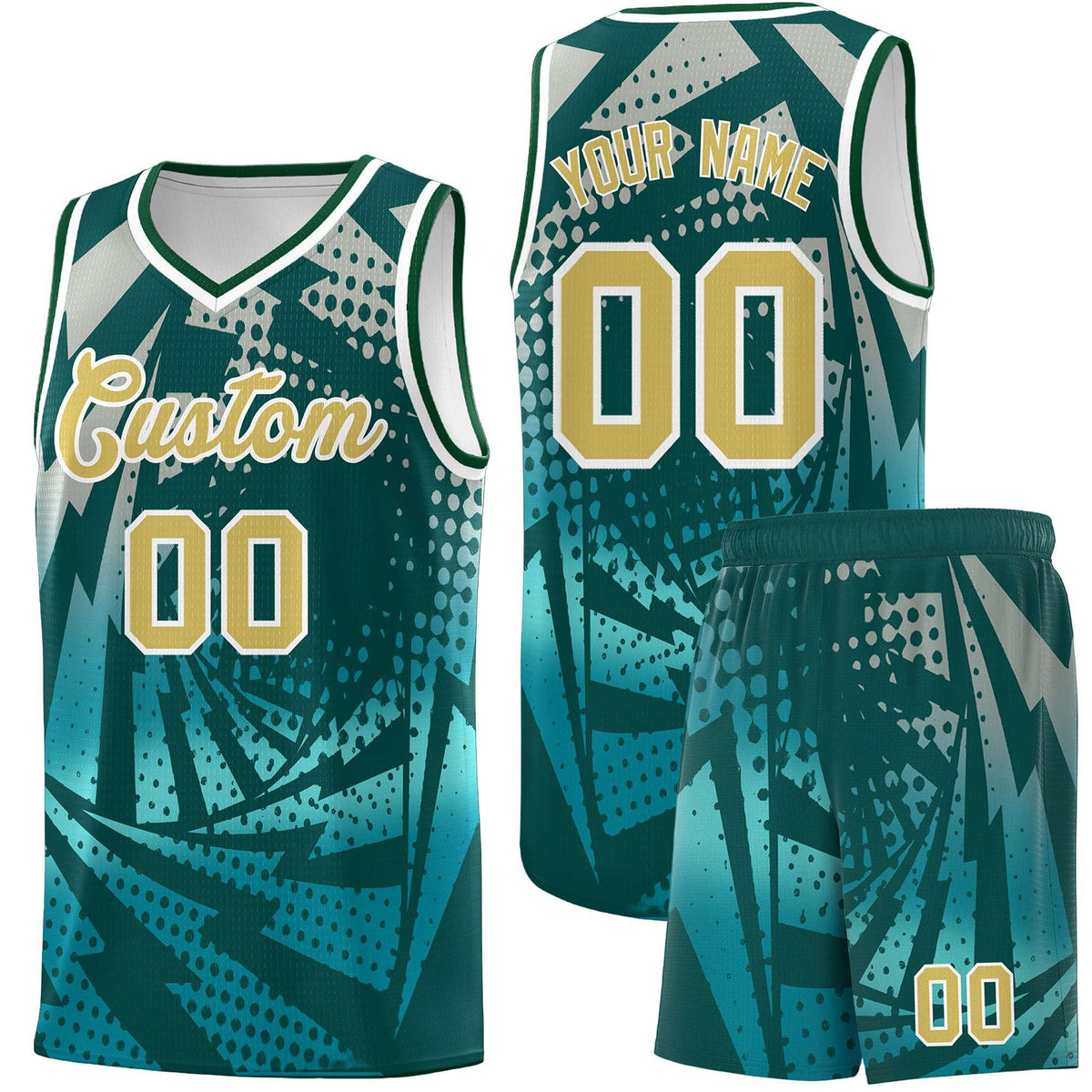 Custom Youth Basketball Jerseys Midnight Green Teal Lightning Halftone Personalized Team Uniforms