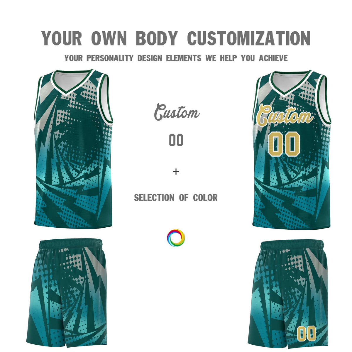 Custom Youth Basketball Jerseys Midnight Green Teal Lightning Halftone Personalized Team Uniforms