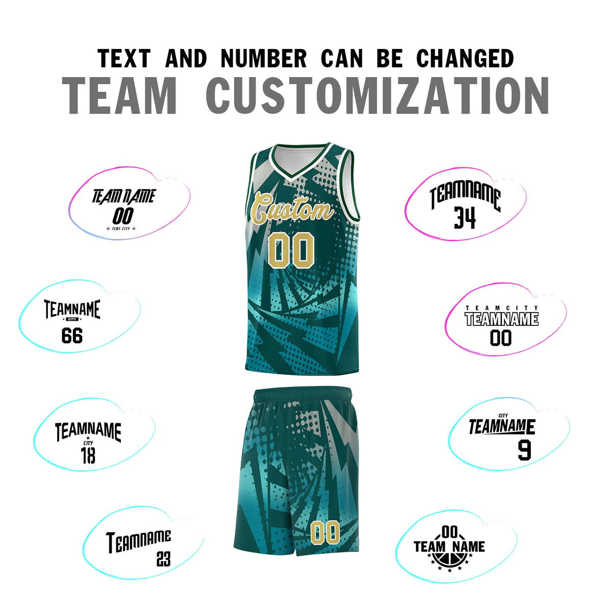 Custom Youth Basketball Jerseys Midnight Green Teal Lightning Halftone Personalized Team Uniforms