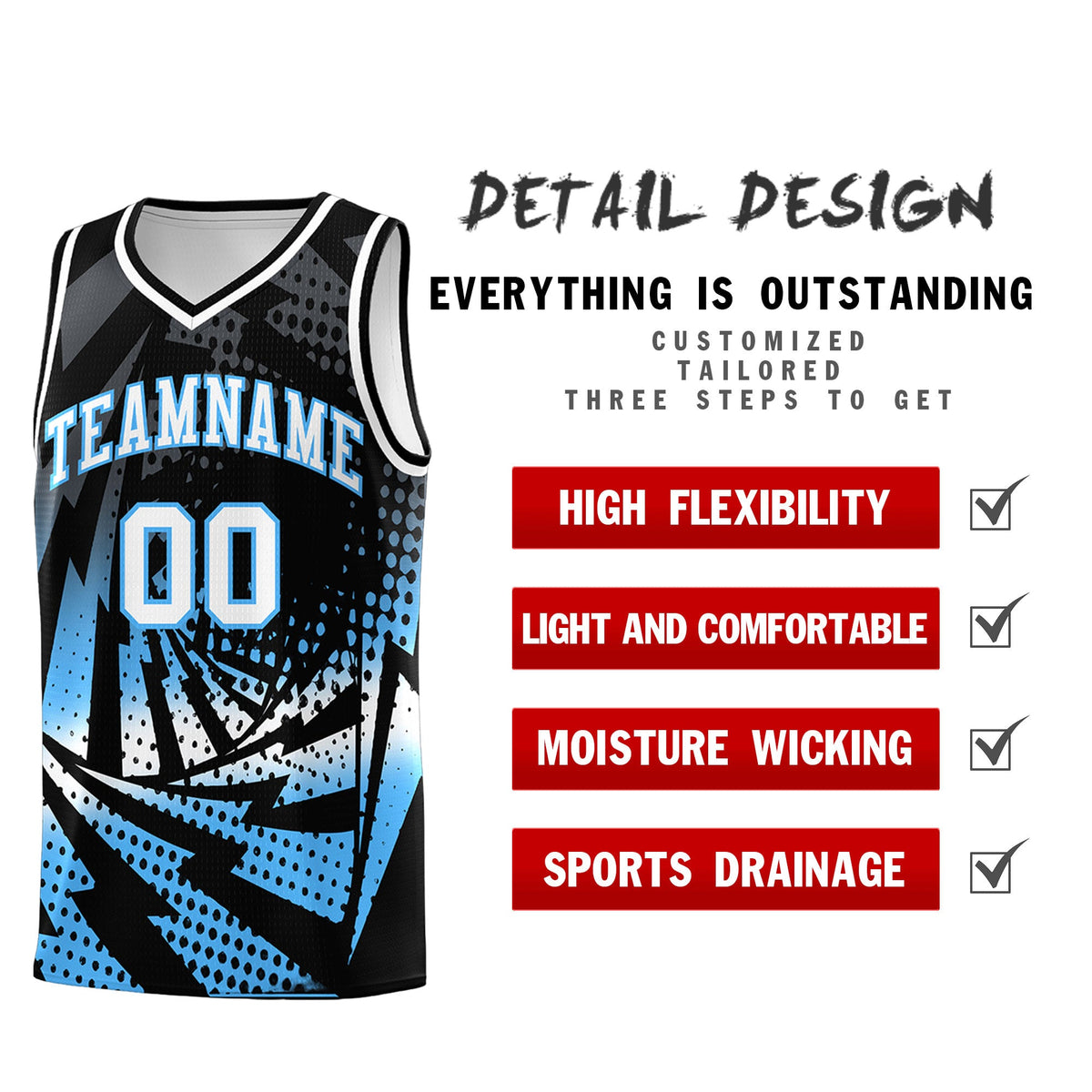 Custom Youth Basketball Jerseys Black Powder Blue Lightning Design Halftone Personalized Uniforms