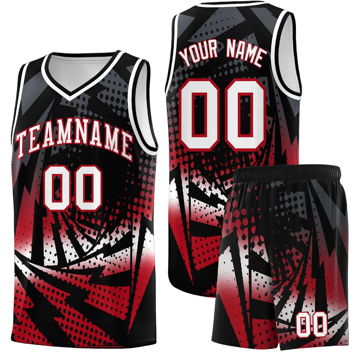 Custom Youth Basketball Jerseys Black Red Lightning Halftone Personalized Team Uniforms