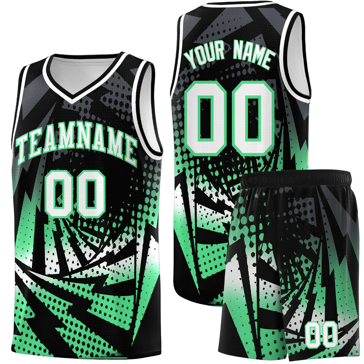 Custom Youth Basketball Jerseys Black Green Lightning Design Halftone Personalized Uniforms