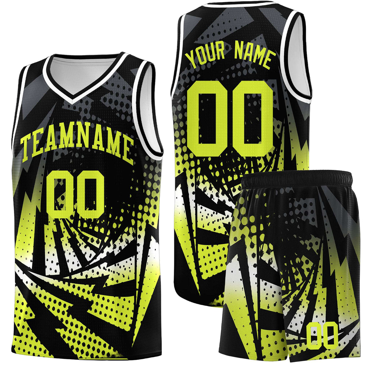 Custom Youth Basketball Jerseys Black Fluorescent Green Lightning Halftone Personalized Team Uniforms