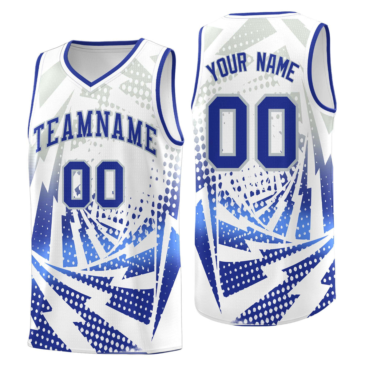 Custom Youth Basketball Jerseys White Royal Blue Lightning Design Halftone Personalized Uniforms