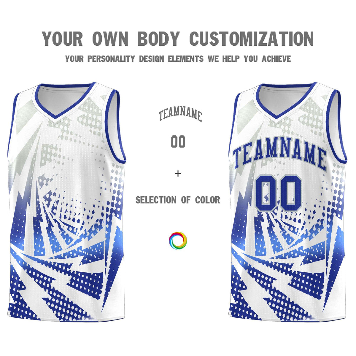 Custom Youth Basketball Jerseys White Royal Blue Lightning Design Halftone Personalized Uniforms