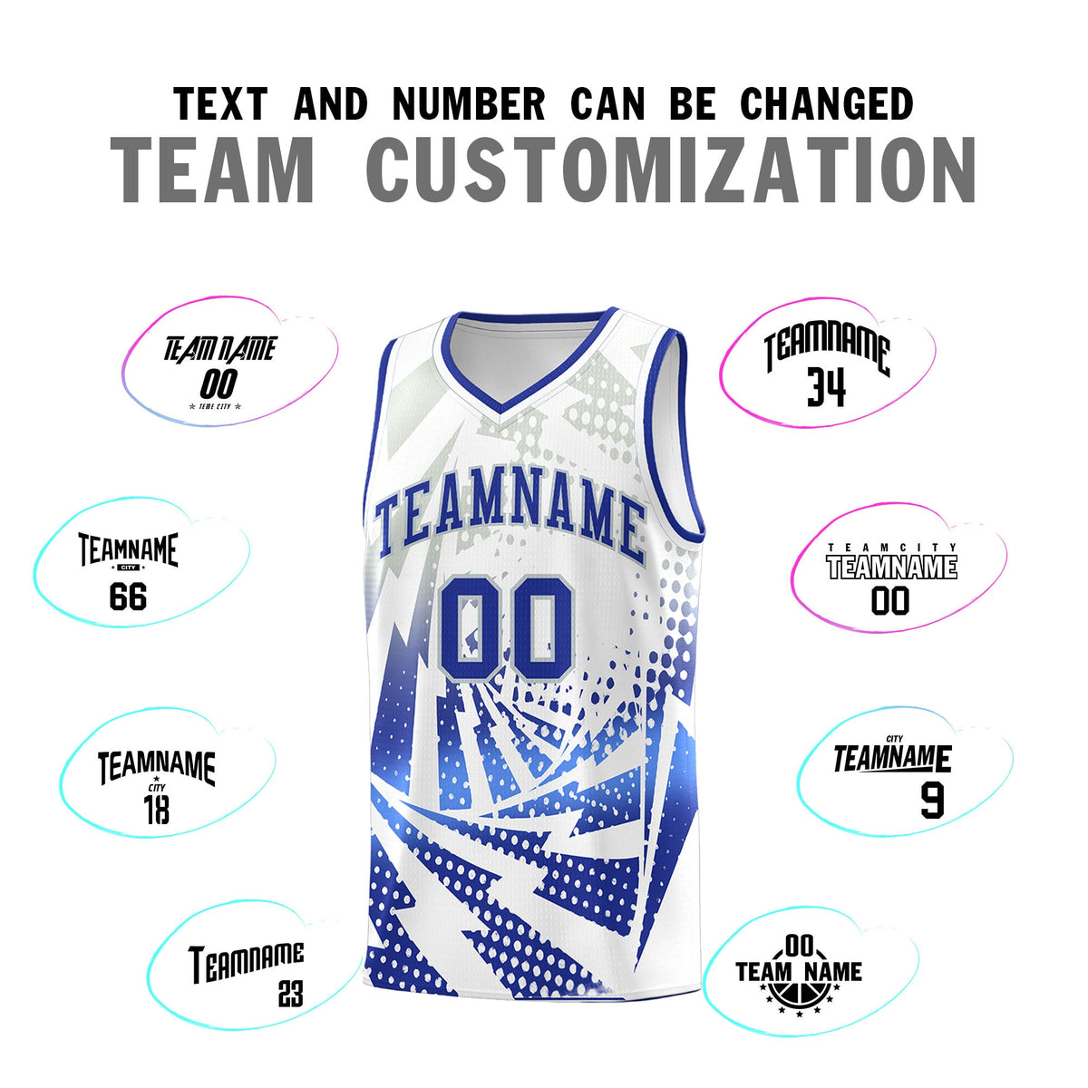 Custom Youth Basketball Jerseys White Royal Blue Lightning Design Halftone Personalized Uniforms
