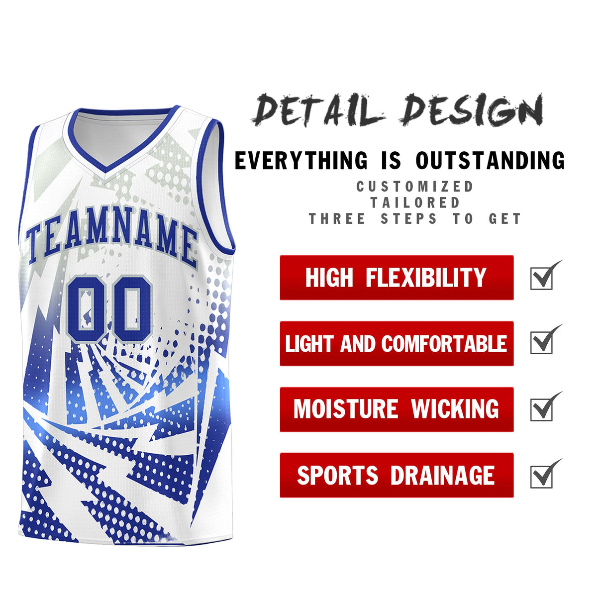 Custom Youth Basketball Jerseys White Royal Blue Lightning Design Halftone Personalized Uniforms