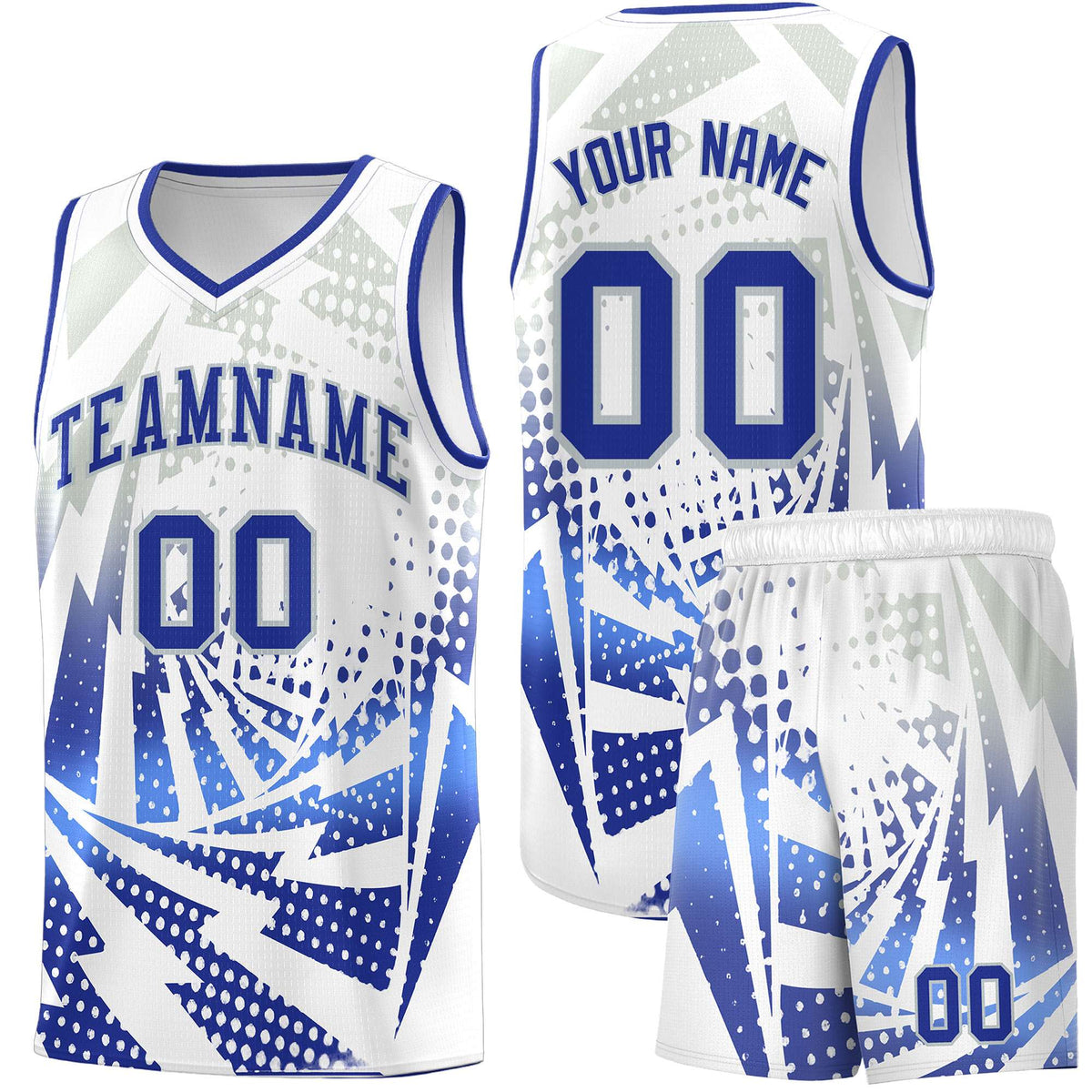 Custom Youth Basketball Jerseys White Royal Blue Lightning Design Halftone Personalized Uniforms