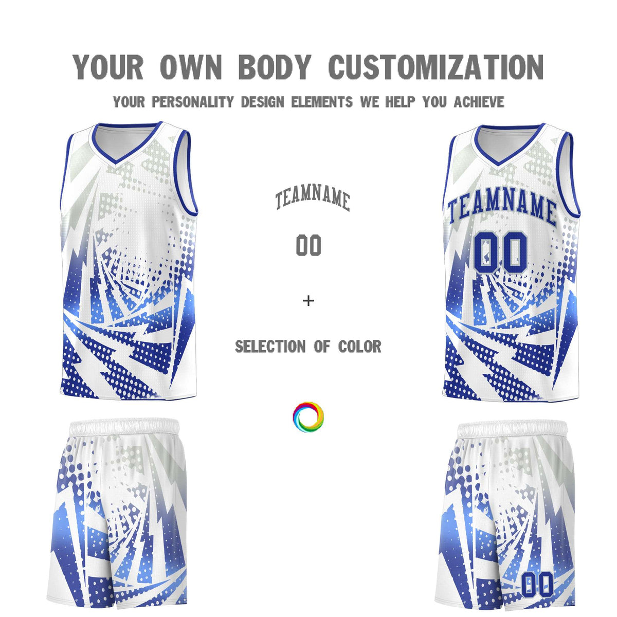 Custom Youth Basketball Jerseys White Royal Blue Lightning Design Halftone Personalized Uniforms