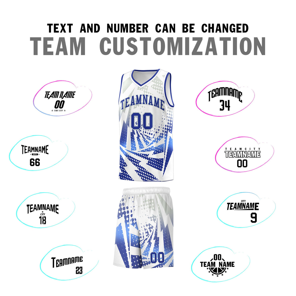 Custom Youth Basketball Jerseys White Royal Blue Lightning Design Halftone Personalized Uniforms