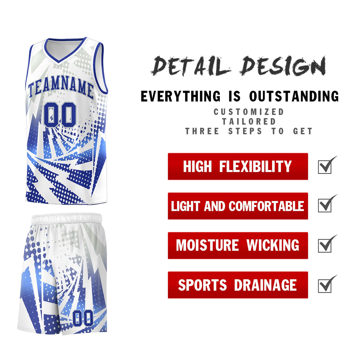 Custom Youth Basketball Jerseys White Royal Blue Lightning Design Halftone Personalized Uniforms