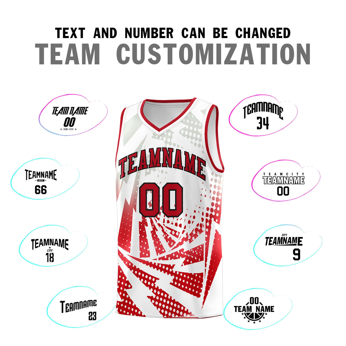 Custom Youth Basketball Jerseys White Red Lightning Halftone Personalized Team Uniforms