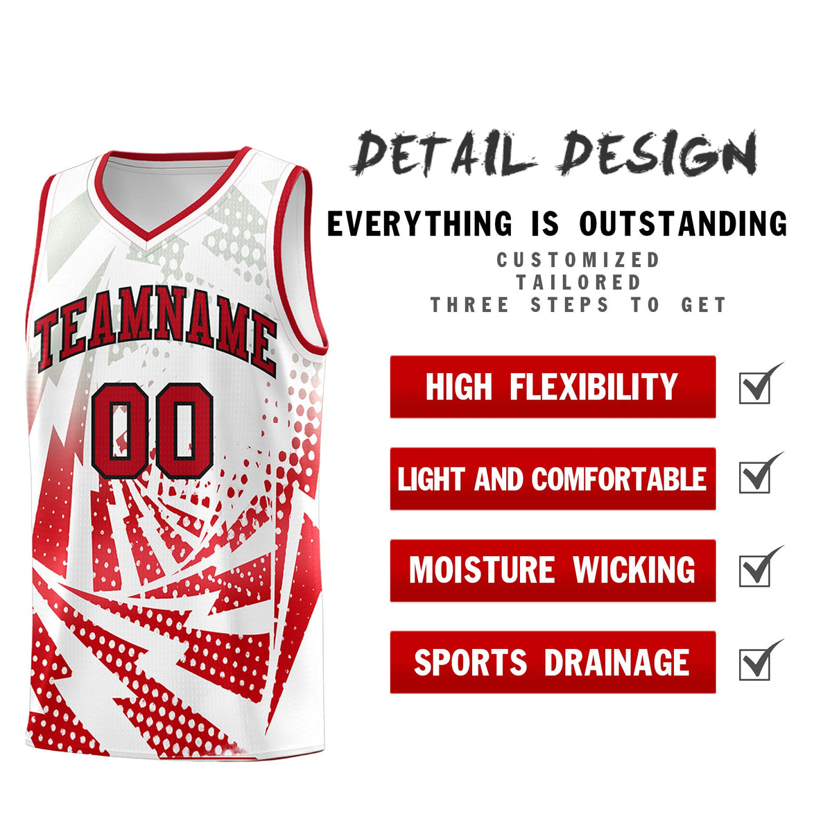 Custom Youth Basketball Jerseys White Red Lightning Halftone Personalized Team Uniforms
