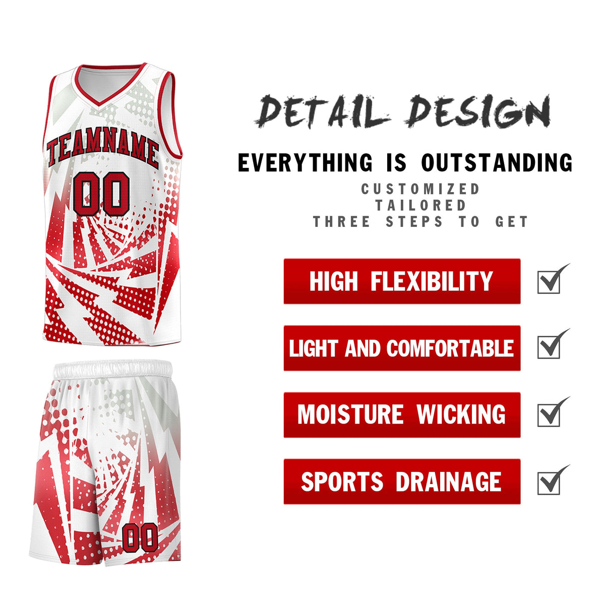 Custom Youth Basketball Jerseys White Red Lightning Halftone Personalized Team Uniforms