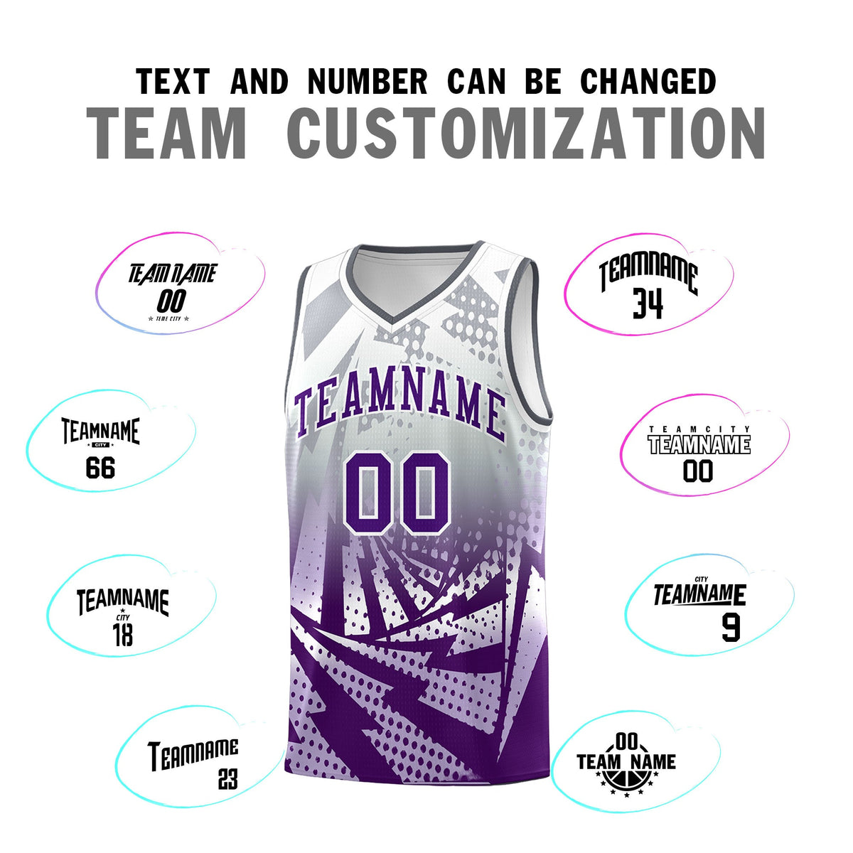 Custom Youth Basketball Jerseys Silver Gray Purple Lightning Design Halftone Personalized Uniforms