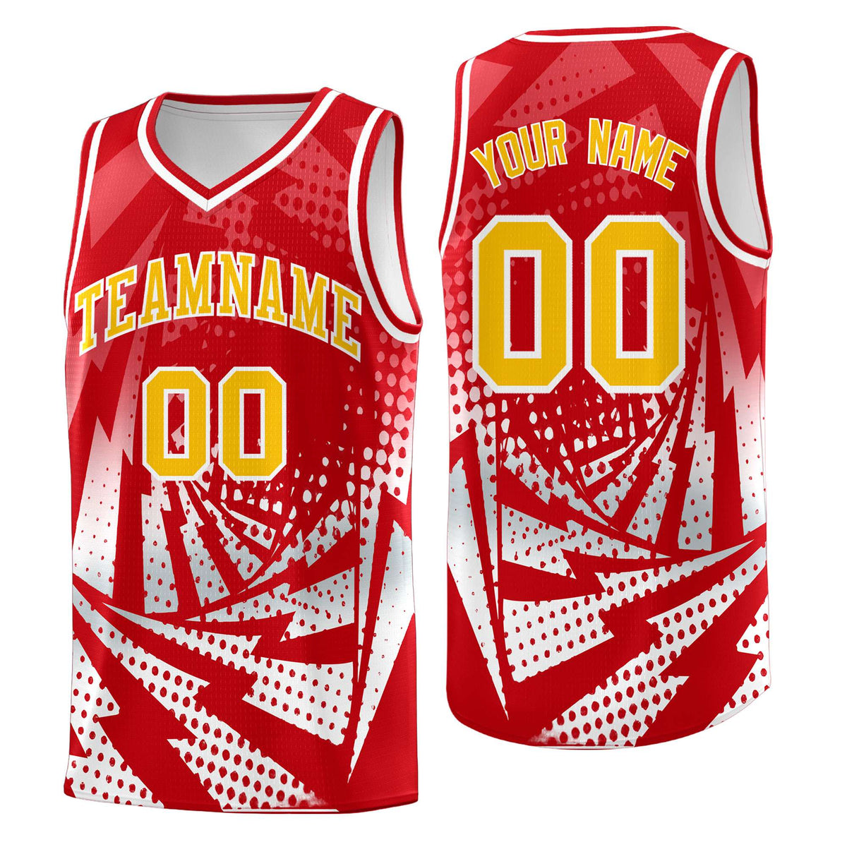Custom Youth Basketball Jerseys Red White Lightning Halftone Personalized Team Uniforms
