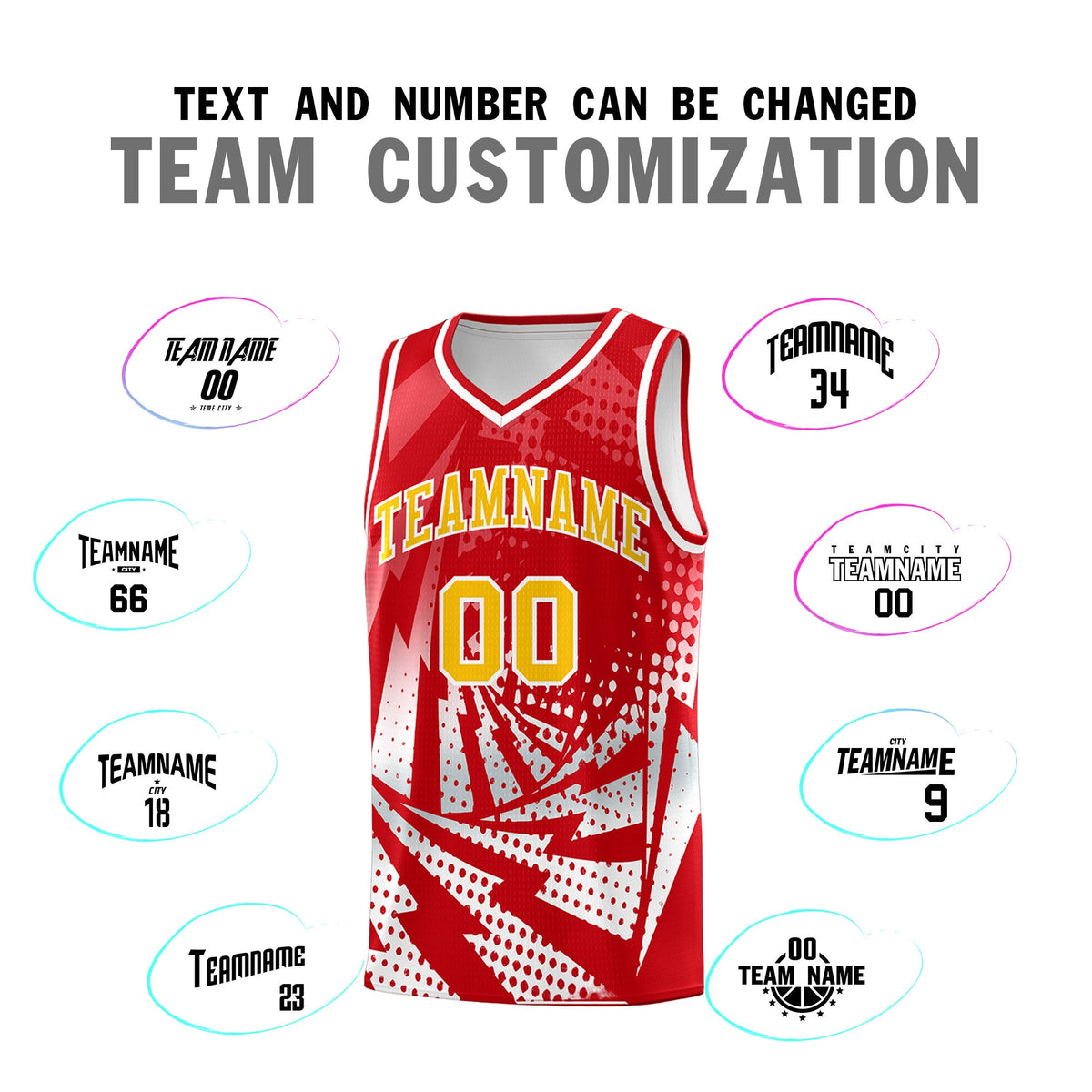 Custom Youth Basketball Jerseys Red White Lightning Halftone Personalized Team Uniforms