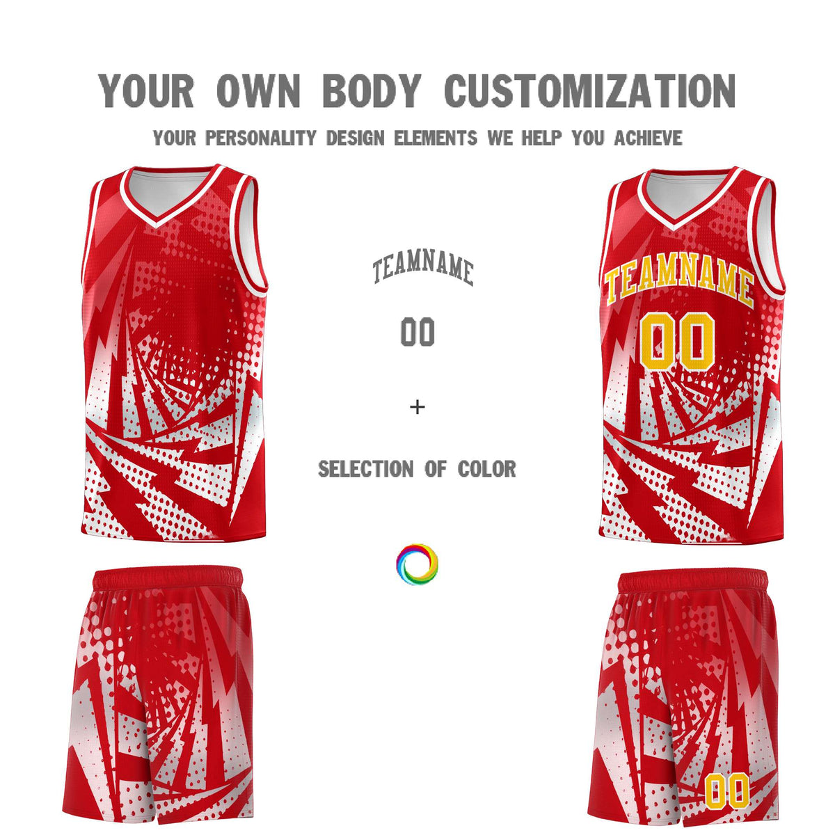 Custom Youth Basketball Jerseys Red White Lightning Halftone Personalized Team Uniforms