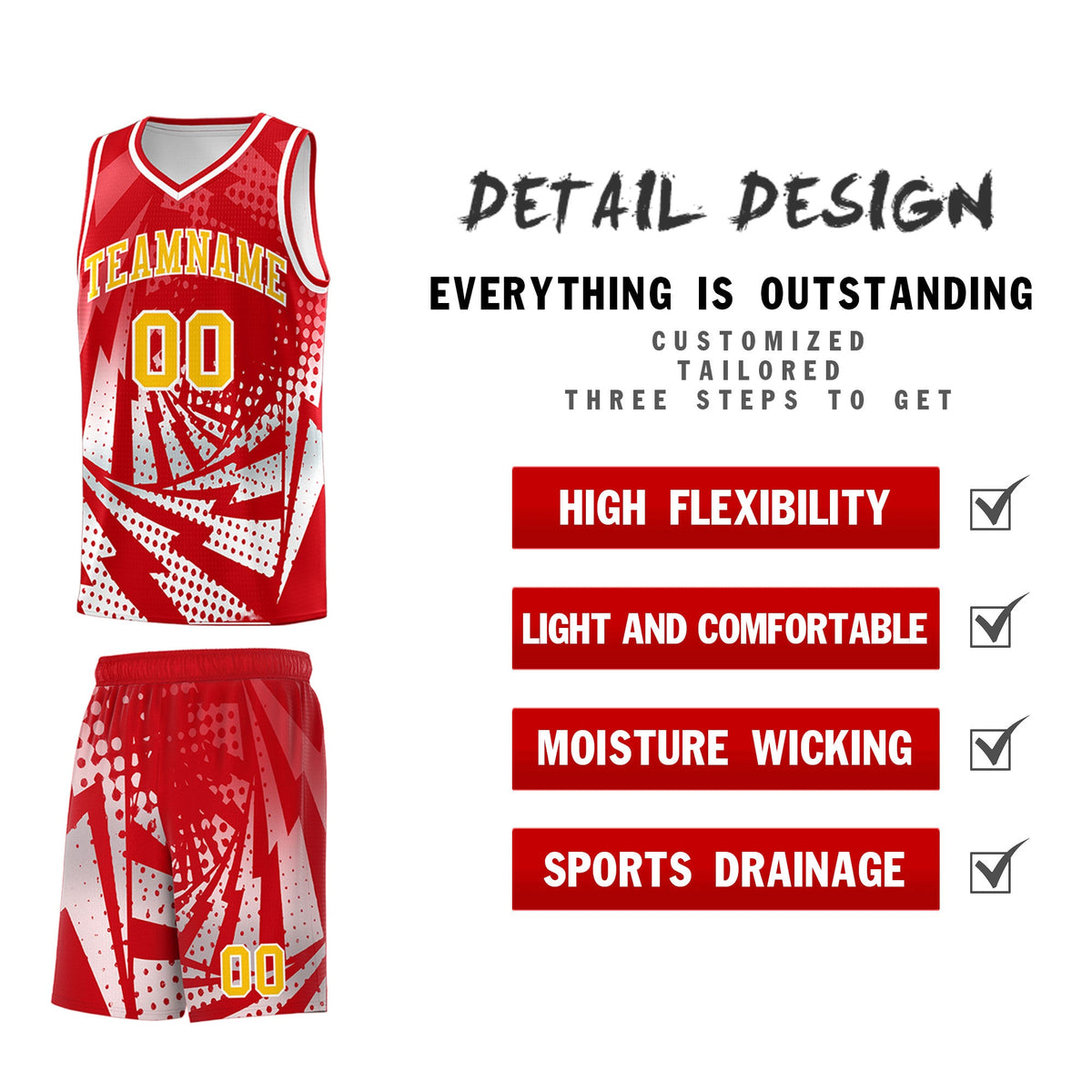 Custom Youth Basketball Jerseys Red White Lightning Halftone Personalized Team Uniforms