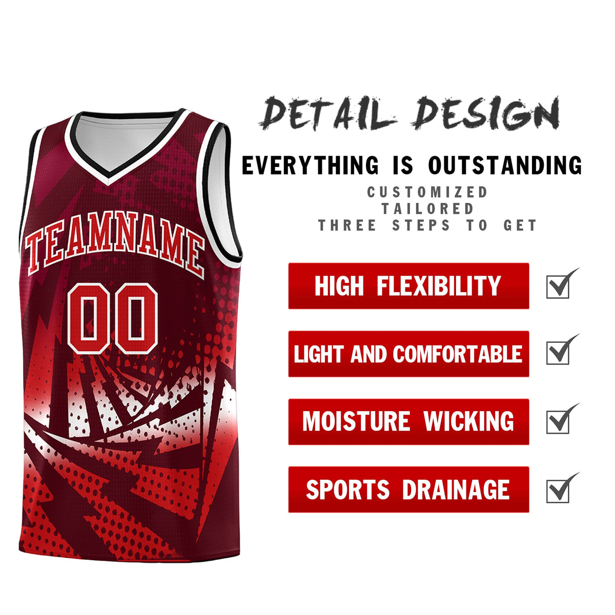 Custom Youth Basketball Jerseys Maroon Red Lightning Halftone Personalized Team Uniforms