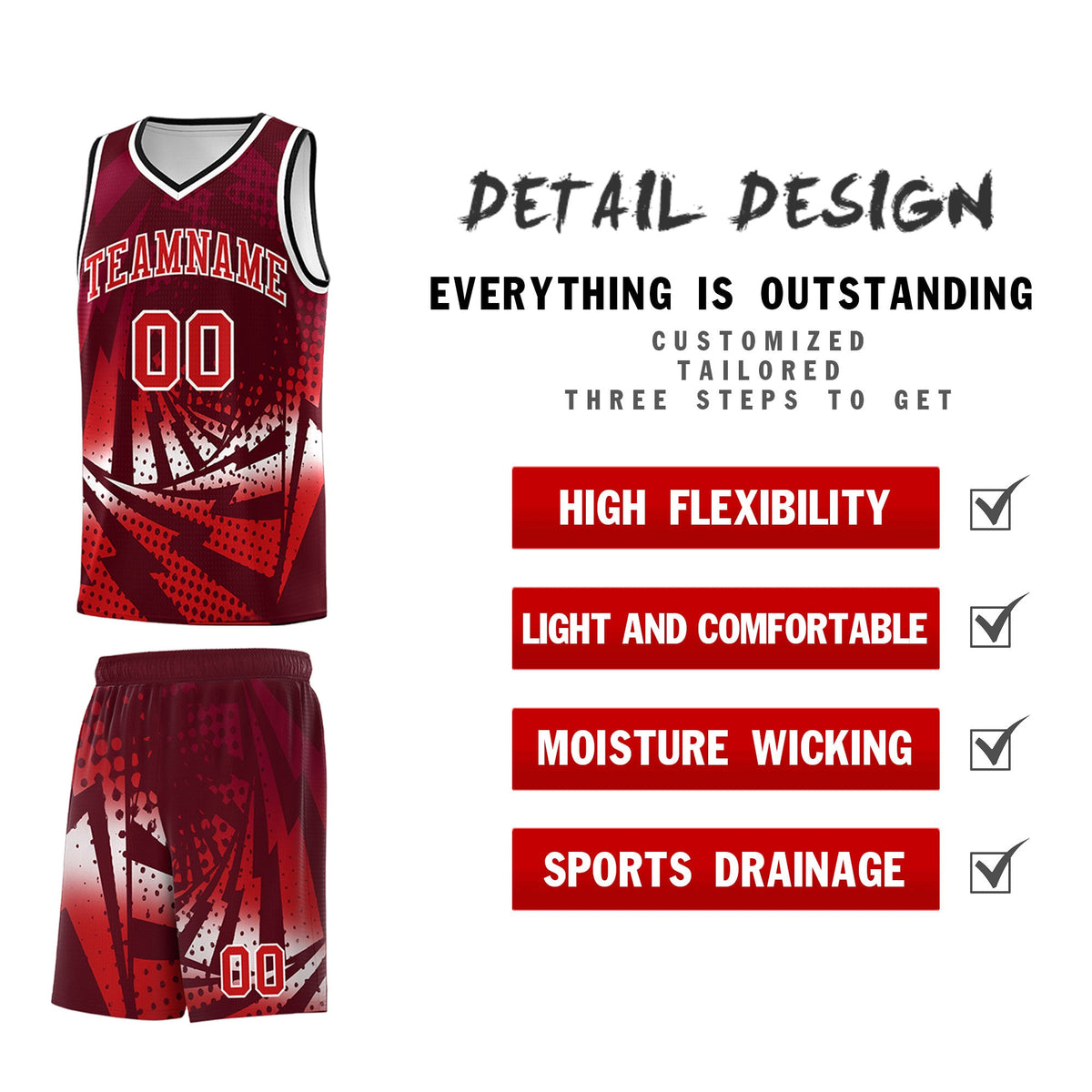 Custom Youth Basketball Jerseys Maroon Red Lightning Halftone Personalized Team Uniforms