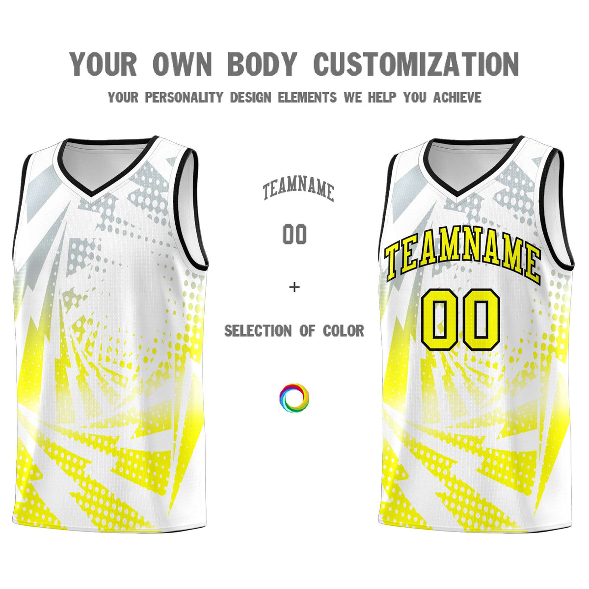 Custom Youth Basketball Jerseys White Fluorescent Yellow Lightning Halftone Personalized Team Uniforms