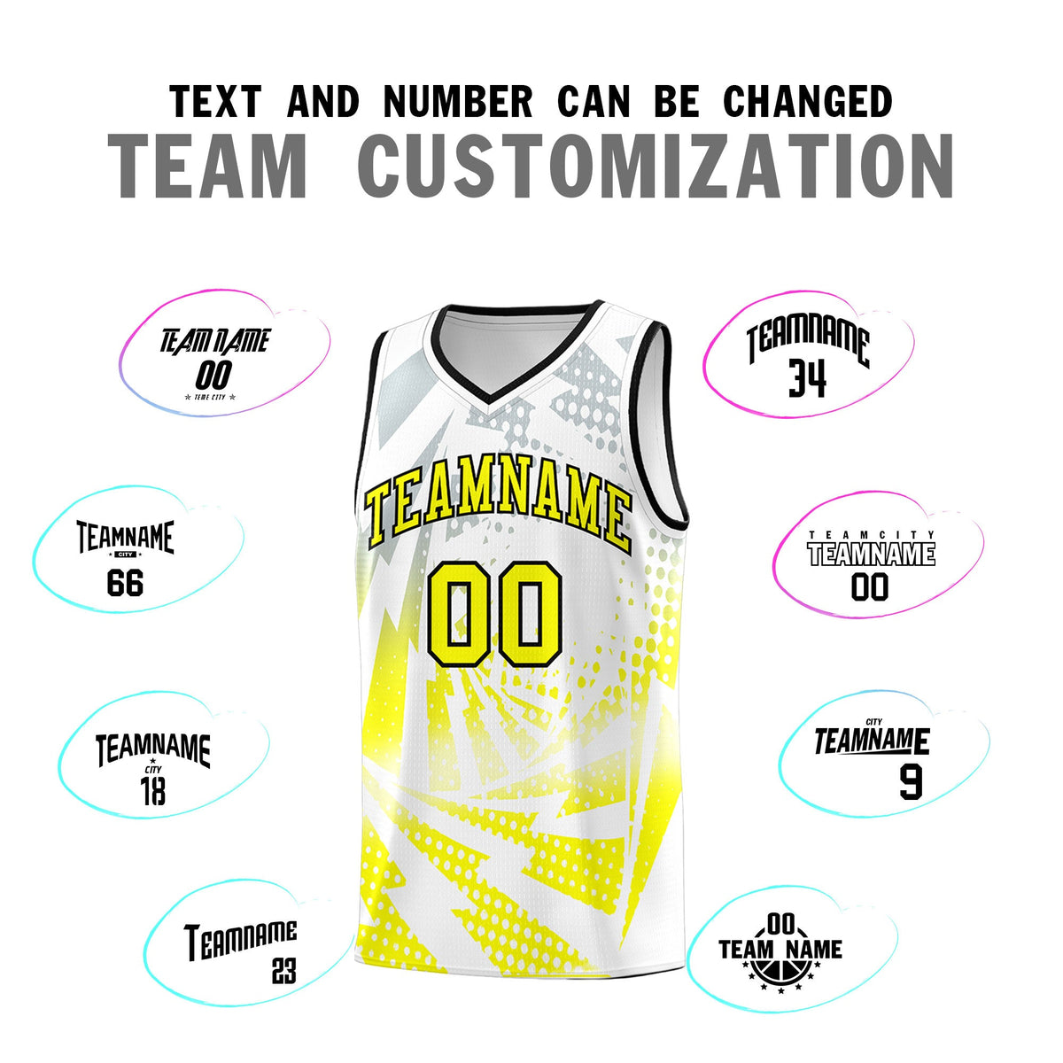 Custom Youth Basketball Jerseys White Fluorescent Yellow Lightning Halftone Personalized Team Uniforms