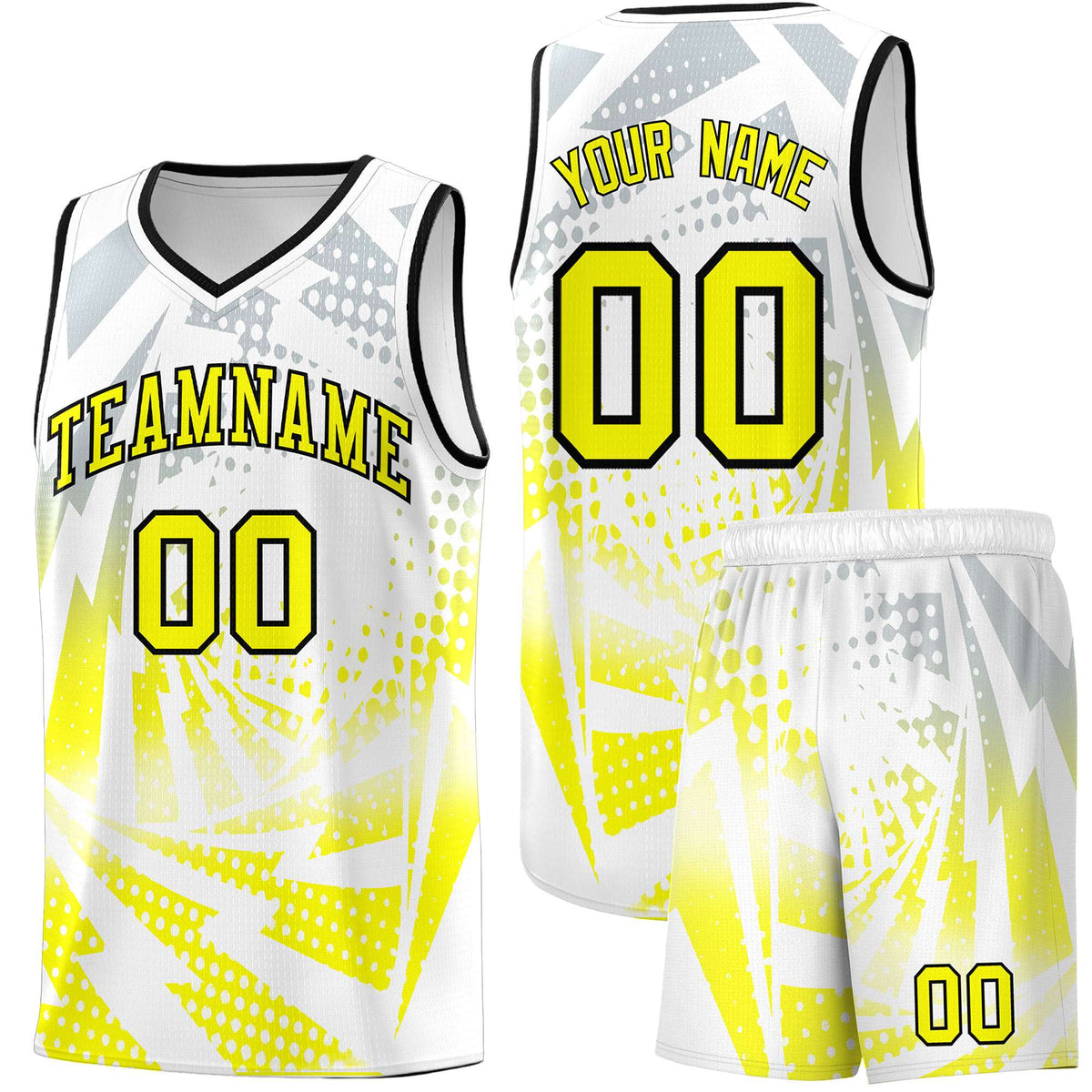 Custom Youth Basketball Jerseys White Fluorescent Yellow Lightning Halftone Personalized Team Uniforms