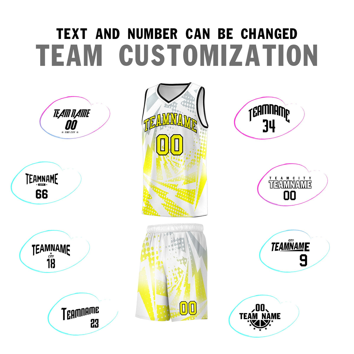 Custom Youth Basketball Jerseys White Fluorescent Yellow Lightning Halftone Personalized Team Uniforms