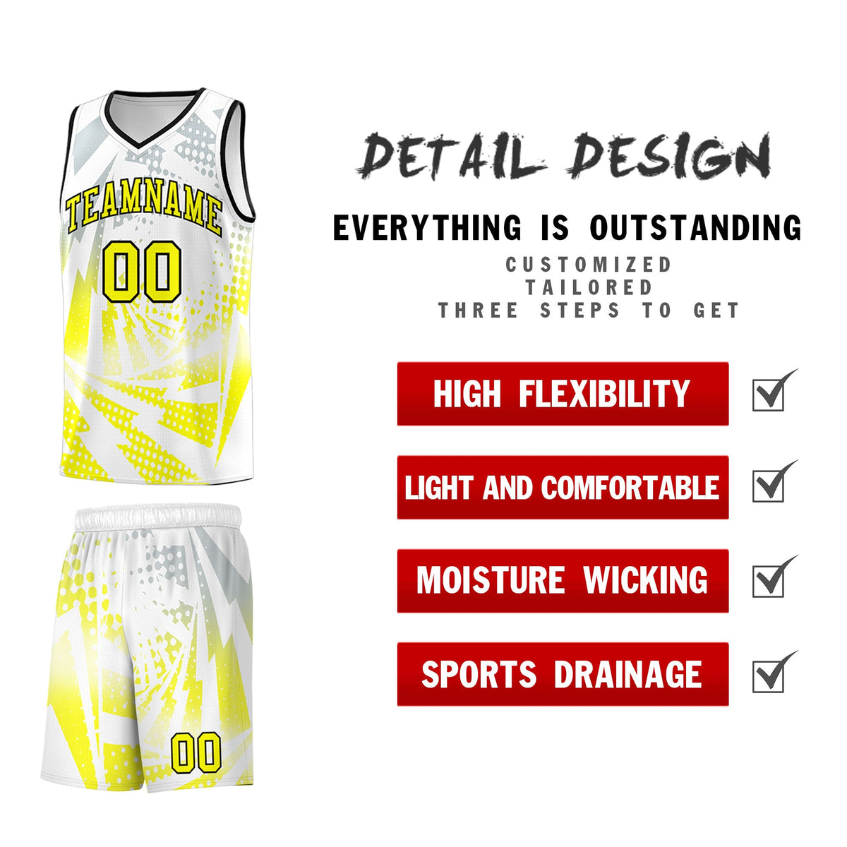 Custom Youth Basketball Jerseys White Fluorescent Yellow Lightning Halftone Personalized Team Uniforms
