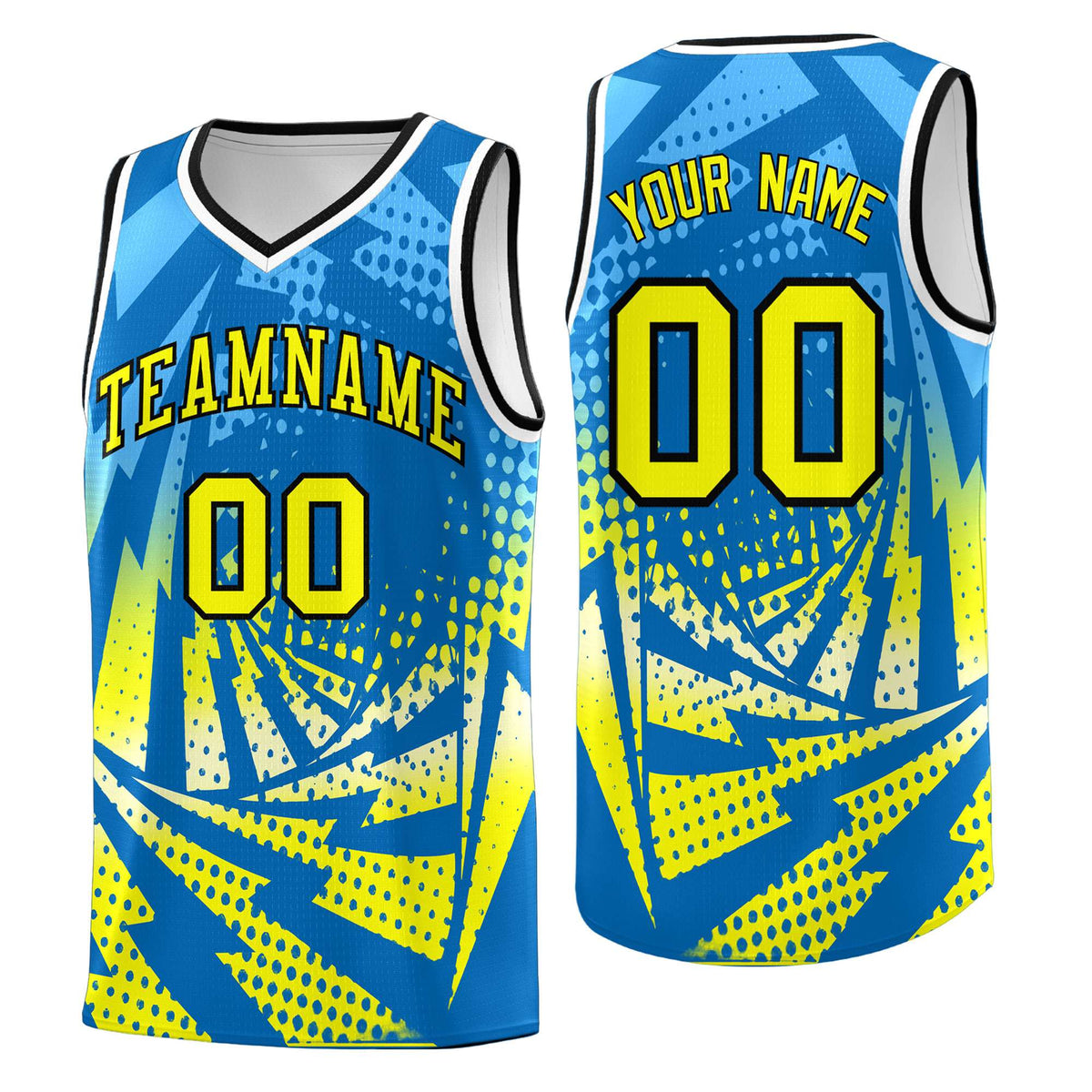 Custom Youth Basketball Jerseys Light Blue Fluorescent Yellow Lightning Design Halftone Personalized Uniforms