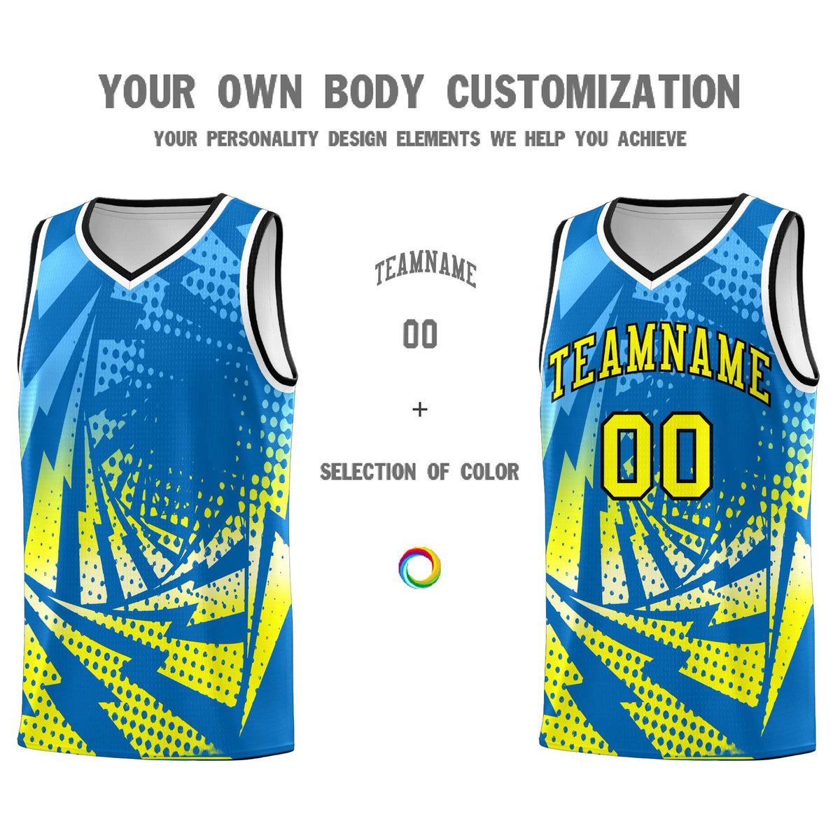 Custom Youth Basketball Jerseys Light Blue Fluorescent Yellow Lightning Design Halftone Personalized Uniforms