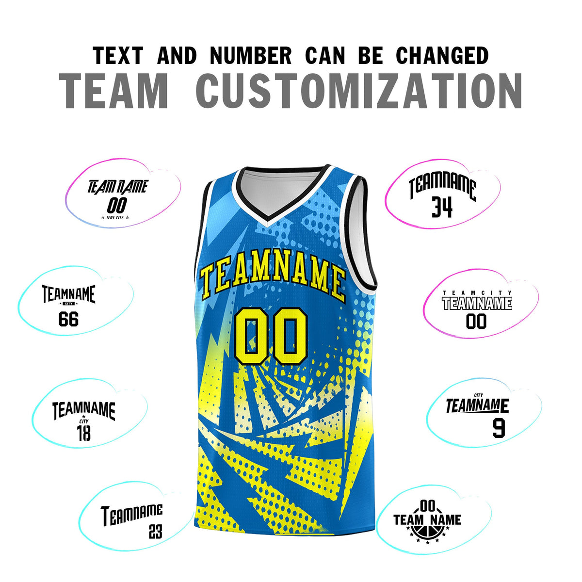 Custom Youth Basketball Jerseys Light Blue Fluorescent Yellow Lightning Design Halftone Personalized Uniforms