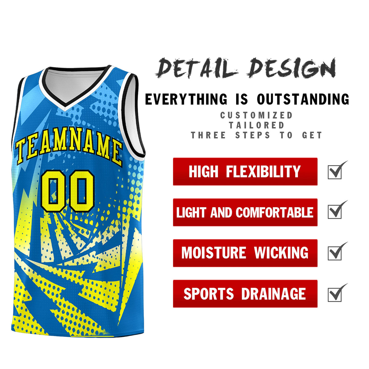 Custom Youth Basketball Jerseys Light Blue Fluorescent Yellow Lightning Design Halftone Personalized Uniforms