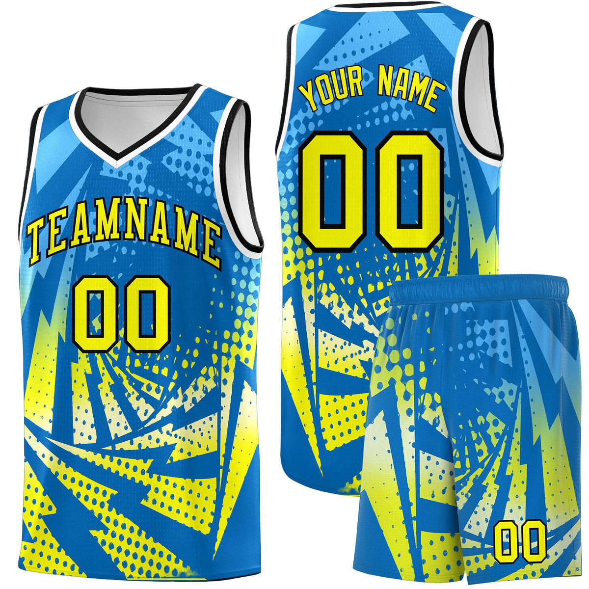 Custom Youth Basketball Jerseys Light Blue Fluorescent Yellow Lightning Design Halftone Personalized Uniforms